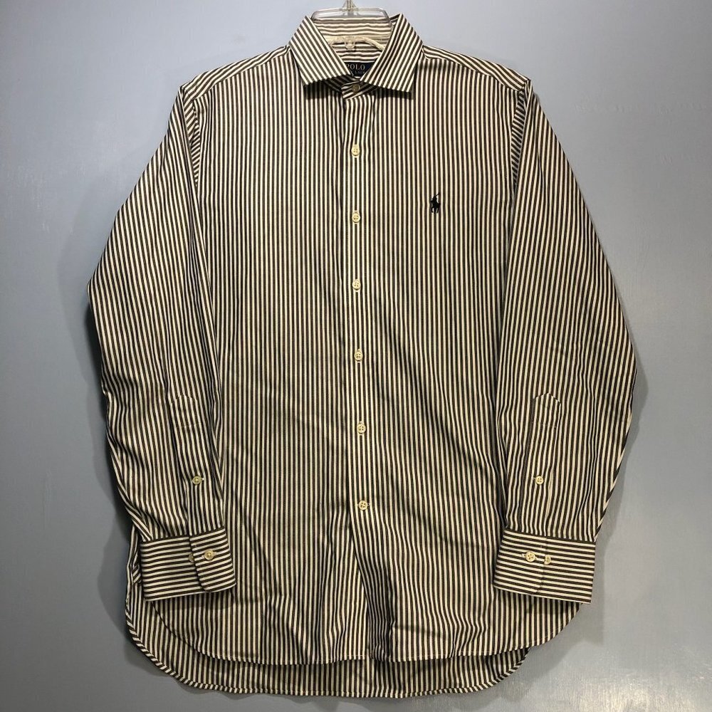 Polo Ralph Lauren Gray and White Striped Long Sleeve Button Front Shirt